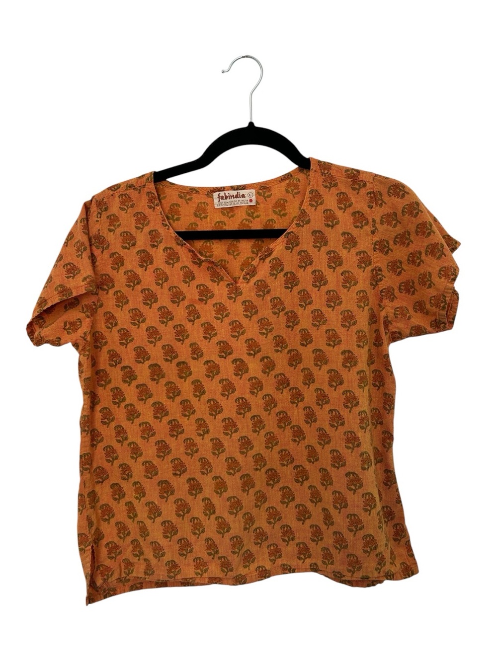 fabindia Orange Floral Block-Print Cotton Kurta Top